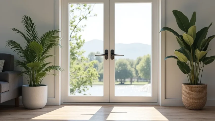 The image shows a sliding glass door with effective sun blockers, highlighting best options for blocking sunlight.