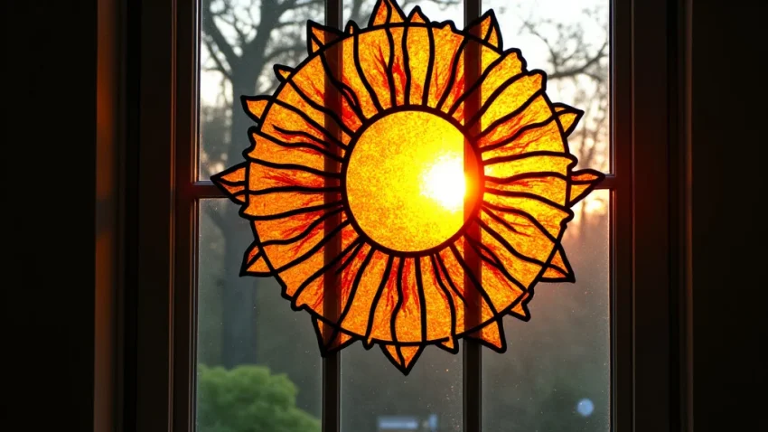 This image shows colorful Create Beautiful Window Sun Catcher Stained Glass Art pieces hanging and reflecting light.
